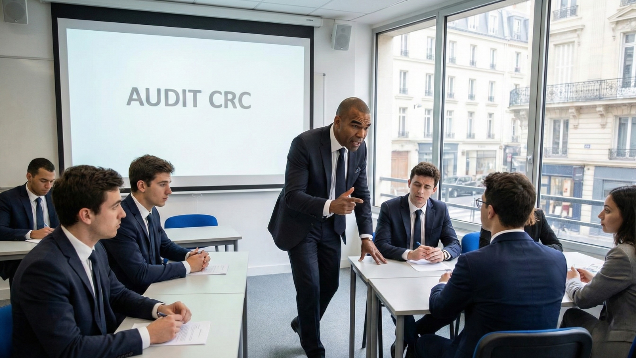 Audit CRC : Stéphane Tonnelier debout face aux étudiants en situation d'évaluation